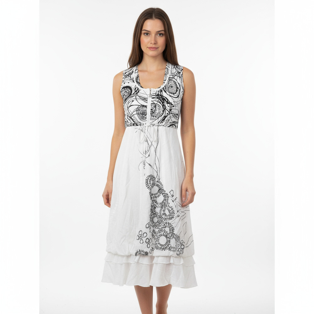 LanVie Midi Dress Womens Small White Black Abstract Sleeveless Tiered Boho Chic